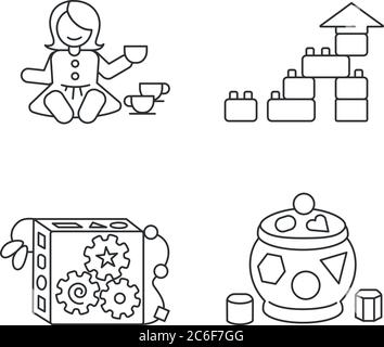 Set di icone lineari perfette per i bambini con giocattoli sensoriali. Bambola con set da tè. Giocattoli didattici per lo sviluppo di bambini. Contou sottile personalizzabile Illustrazione Vettoriale