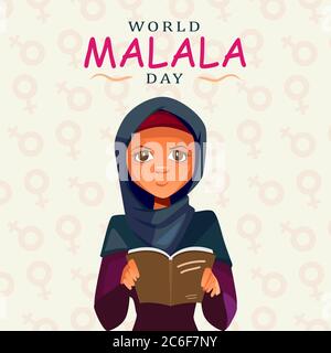 Giornata mondiale Malala, 12 luglio, Malala Yousafzai, donne che leggono il libro, l'educazione, il manifesto, il vettore di illustrazione Illustrazione Vettoriale