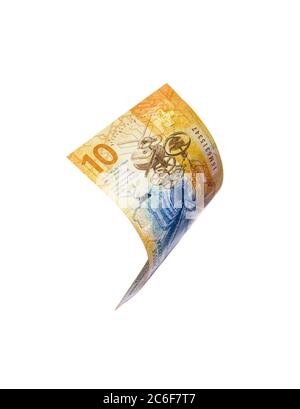 Volo denaro svizzero - 10 franchi nota isolata con percorso di ritaglio Foto Stock