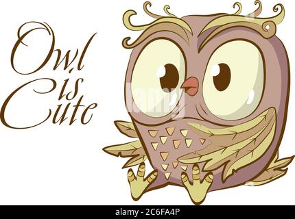 OWL carino vettore carattere disegnato a mano. Colore isolato su sfondo bianco. Stampa animale capretto, adesivo, carta. Illustrazione Vettoriale