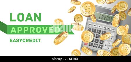 Calcolatrice 3d realistica in banner vettoriale, per il calcolo di prestiti, credito, finanza, denaro, business. Isolato su sfondo bianco. Illustrazione Vettoriale