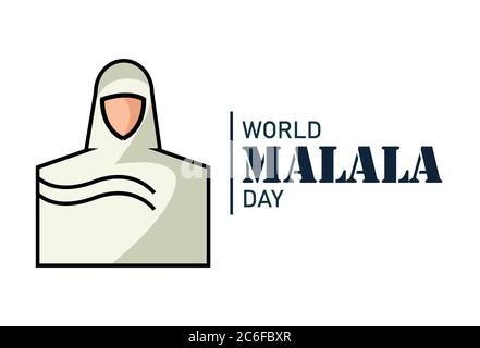 Giornata mondiale Malala, 12 luglio, Malala Yousafzai logo astratto piatto, icona donna hijab, poster, illustrazione vettore Illustrazione Vettoriale