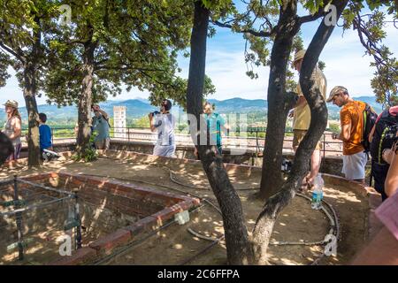 Lucca - 14 agosto 2019: Turisti nel giardino pensile in cima alla Torre Guinigi di Lucca, Toscana, Italia Foto Stock