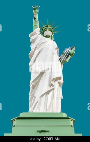 statua in libertà con una maschera chirurgica isolata su sfondo blu illustrazione 3d Foto Stock