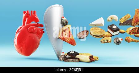 Cibo spazzatura e cuore con scudo, concetto di dieta di colesterolo. rendering 3d Foto Stock