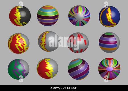 Diverse illustrazioni 3D delle sfere con motivi di colore e di ornamento Illustrazione Vettoriale