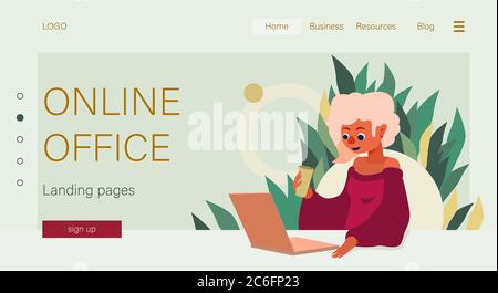 Testo dell'ufficio online su sfondo verde. Landing page per banner Web o social, posti di lavoro in remoto, volantino, scheda informativa, scambio di manodopera. Modello Web o. Illustrazione Vettoriale