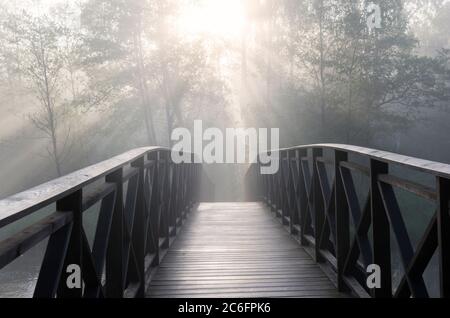 Alba su vecchio ponte di legno, con alberi sullo sfondo e raggi di sole, Svezia Foto Stock