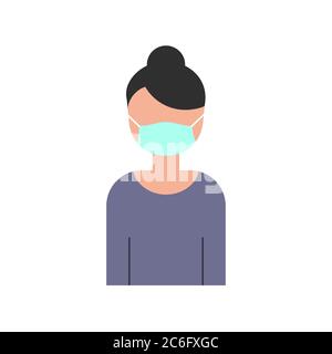 Donna d'affari che indossa una maschera protettiva. Prevenzione del coronavirus. Sicurezza sul luogo di lavoro. Nessuna voce senza concetto di maschera facciale. Personaggio cartoon su bianco Illustrazione Vettoriale