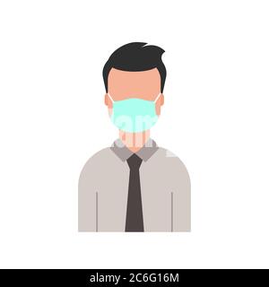 Uomo d'affari in costume e cravatta con una maschera protettiva. Nessuna immissione senza il segnale della maschera facciale. Sicurezza sul lavoro. Nuovo normale. Personaggio cartoon giovane uomo Illustrazione Vettoriale