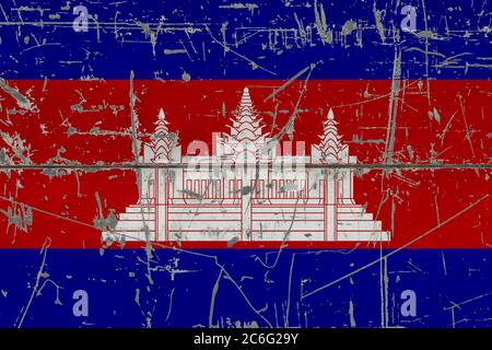 Bandiera Cambogia verniciata su superficie sporca incrinata. Modello nazionale su superficie in stile vintage. Concetto graffiato e resistente agli agenti atmosferici. Foto Stock