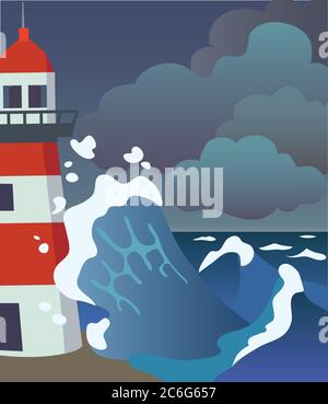Tempesta di mare. Illustrazione vettoriale con faro, nuvole e onde. Illustrazione Vettoriale