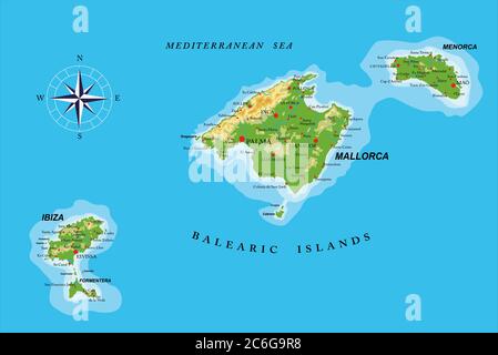 Isole Baleari Mappa fisica molto dettagliata, in formato vettoriale, con tutte le forme di rilievo, regioni e grandi città. Illustrazione Vettoriale