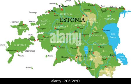 Estonia Mappa fisica altamente dettagliata, in formato vettoriale, con tutte le forme di rilievo, regioni e grandi città. Illustrazione Vettoriale