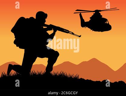 soldato militare con pistola ed elicottero figura silhouette nel campo vettore disegno illustrazione Illustrazione Vettoriale