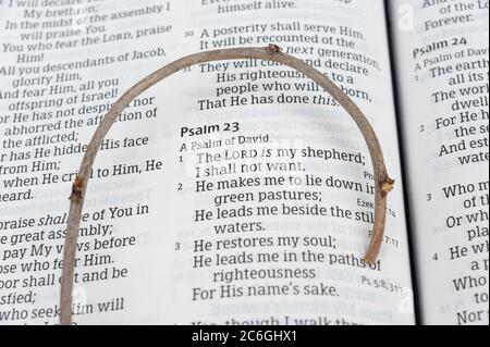 La Sacra Bibbia aprì nel Salmo 23 con un piccolo bastone sopra. Evidenziato sui versetti 1, 2 e 3. Primo piano. Shot orizzontale. Foto Stock