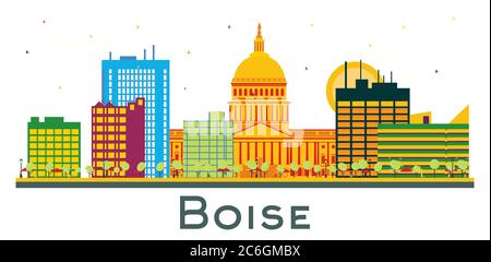 Boise Idaho City Skyline con edifici a colori isolati su bianco. Illustrazione vettoriale. Concetto di viaggio d'affari e turismo con architettura moderna. Illustrazione Vettoriale