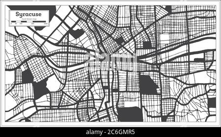 Mappa della città di Syracuse USA in bianco e nero in stile retro. Mappa di contorno. Illustrazione vettoriale. Illustrazione Vettoriale