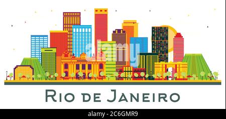 Rio De Janeiro Brasile City Skyline con edifici a colori isolati su bianco. Illustrazione vettoriale. Concetto di viaggio d'affari e turismo. Illustrazione Vettoriale