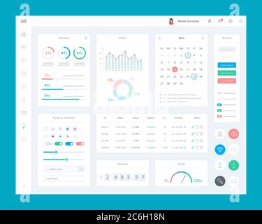 Interfaccia utente della piattaforma di marketing. Serie di elementi di interfaccia piatti della piattaforma di e-commerce. Pannello di amministrazione del dashboard con grafici, grafici e calendario. Illustrazione Vettoriale