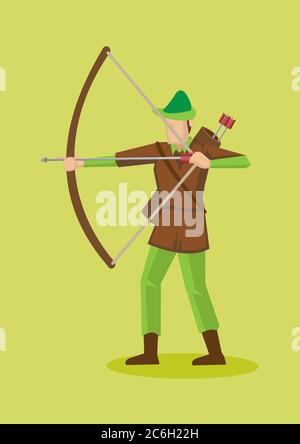 Arciere in cappello Robin Hood e costume usando arco e freccia. Illustrazione del carattere vettoriale del cartone animato isolato su sfondo verde chiaro. Illustrazione Vettoriale