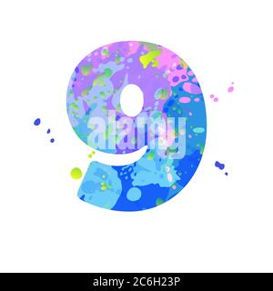 Numero 9 con effetto di macchie liquide di vernice nei colori blu, verde, rosa Illustrazione Vettoriale