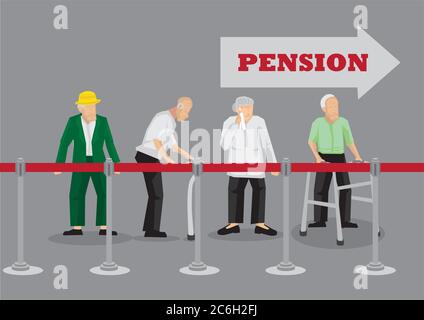 Gruppo di anziani in attesa di una coda di pagamento della pensione. Illustrazione vettoriale sull'attesa del concetto di pensione isolato su Illustrazione Vettoriale