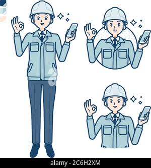 Un uomo che indossa un abbigliamento da lavoro con tenere uno smartphone e fare un OK segno immagini. È arte vettoriale, quindi è facile da modificare. Illustrazione Vettoriale