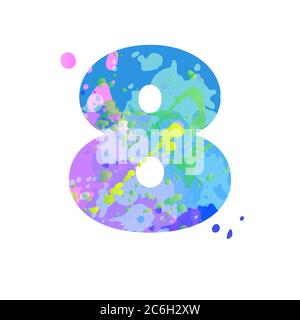 Numero 8 con effetto di macchie liquide di vernice nei colori blu, verde, rosa Illustrazione Vettoriale