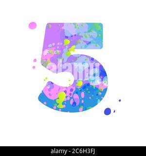 Numero 5 con effetto di macchie liquide di vernice nei colori blu, verde, rosa Illustrazione Vettoriale