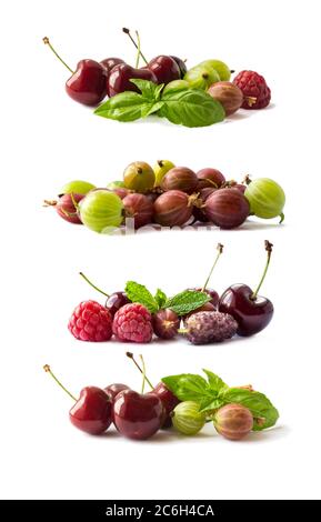 Frutti di bosco, ciliegie, lamponi, more e frutti di bosco su sfondo bianco. Frutta isolata su sfondo bianco. Frutti di bosco e frutta con polpa Foto Stock