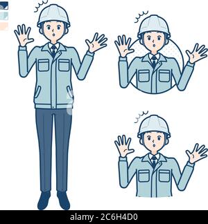 Un uomo che indossa un abbigliamento da lavoro con immagini stupite. È arte vettoriale, quindi è facile da modificare. Illustrazione Vettoriale