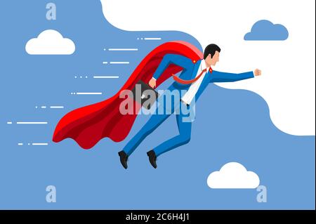 Supereroe uomo d'affari che vola in cielo. Uomo d'affari in abito e mantello rosso. Impostazione degli obiettivi. Obiettivo intelligente. Concetto di obiettivo aziendale. Successo e successo. Illustrazione vettoriale in stile piatto Illustrazione Vettoriale