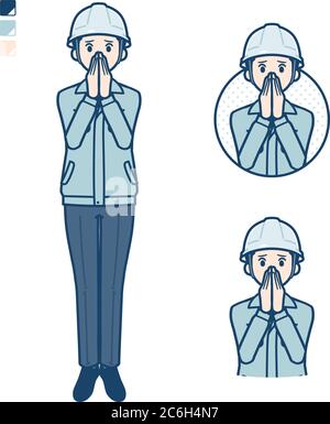 Un uomo che indossa un abbigliamento da lavoro con immagini stupite e poco facili. È arte vettoriale, quindi è facile da modificare. Illustrazione Vettoriale