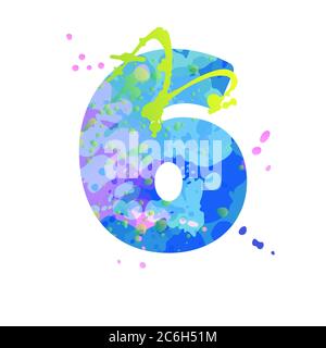 Numero 6 con effetto di macchie liquide di vernice nei colori blu, verde, rosa Illustrazione Vettoriale