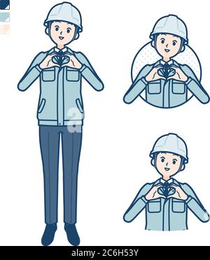 Un uomo che indossa un abbigliamento da lavoro con la creazione di un simbolo del cuore con immagini a mano. È arte vettoriale, quindi è facile da modificare. Illustrazione Vettoriale