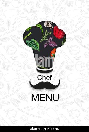 Cuoco il tappo in vettore. Cappello sullo sfondo del modello di verdure. Menu vegetariano. Cartolina e copertina per caffè, ristorante. Illustrazione Vettoriale