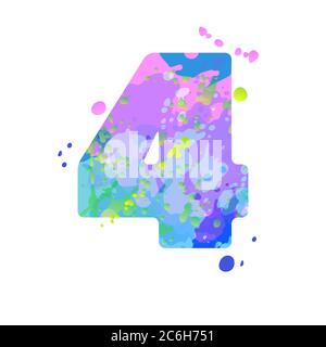 Numero 4 con effetto di macchie liquide di vernice nei colori blu, verde, rosa Illustrazione Vettoriale