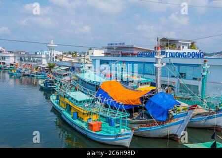 Barche, Cho Duong Dong, mercato, fiume, Duong Dong, Phu Quoc isola, Vietnam, Asia Foto Stock