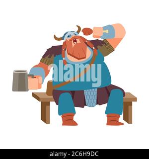 Personaggio vichingo. Guerriero che mangia e beve con piacere. Medievale guerriero norvegese militare persone vettore cartoon mascotte. Stile piatto. Illustrazione Vettoriale