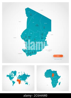 Modello modificabile della mappa del Ciad con contrassegni. Ciad sulla mappa mondiale e sulla mappa africana. Illustrazione Vettoriale