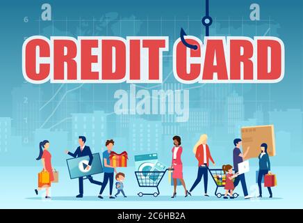 Concetto di consumismo. Vettore di persone che spendono denaro utilizzando la carta di credito per il pagamento Illustrazione Vettoriale