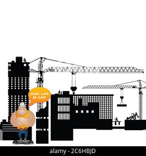 Sviluppo di costruzioni generiche con silhouette e sicurezza lavoro sicuro messaggio sicuro isolato su sfondo bianco con spazio di copia Foto Stock