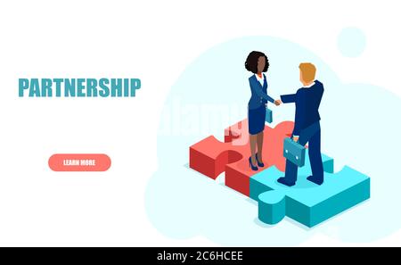 Vettore di un uomo d'affari handshaking con donna d'affari in piedi su pezzi di puzzle Illustrazione Vettoriale