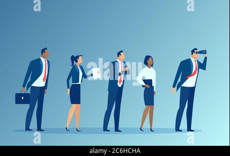 Vettore di un leader del team aziendale che guarda al futuro con dipendenti che lo seguono Illustrazione Vettoriale