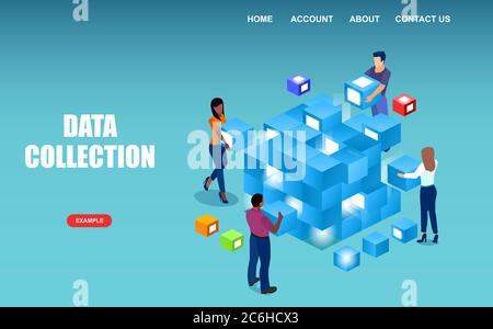 Vettore isometrico di persone che raccolgono big data. Illustrazione Vettoriale