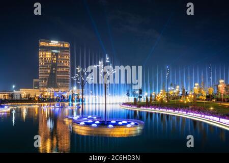 Tashkent, Uzbekistan - 30 Ottobre, 2019: bella fontana danzante illuminata di notte con la riflessione in Stagno nella nuova città di Tashkent Park Foto Stock
