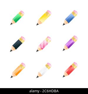 Set di matite semplici con gomma, colori diversi. Stile realistico. Icone colorate e luminose Illustrazione Vettoriale