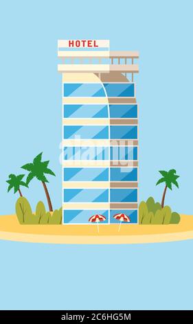 Hotel, vacanza, viaggio, isola tropicale, edificio, palme, ombrelloni da spiaggia, oceano, concetto, modello, banner, per la pubblicità, vettore Illustrazione Vettoriale