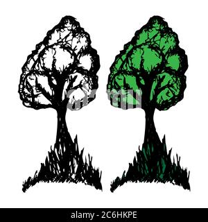 Albero di doodle disegnato a mano. Schizzo del contorno. Immagine vettoriale trasparente e a colori isolata su sfondo bianco. Decorazione per carte, striscioni, poster, Illustrazione Vettoriale